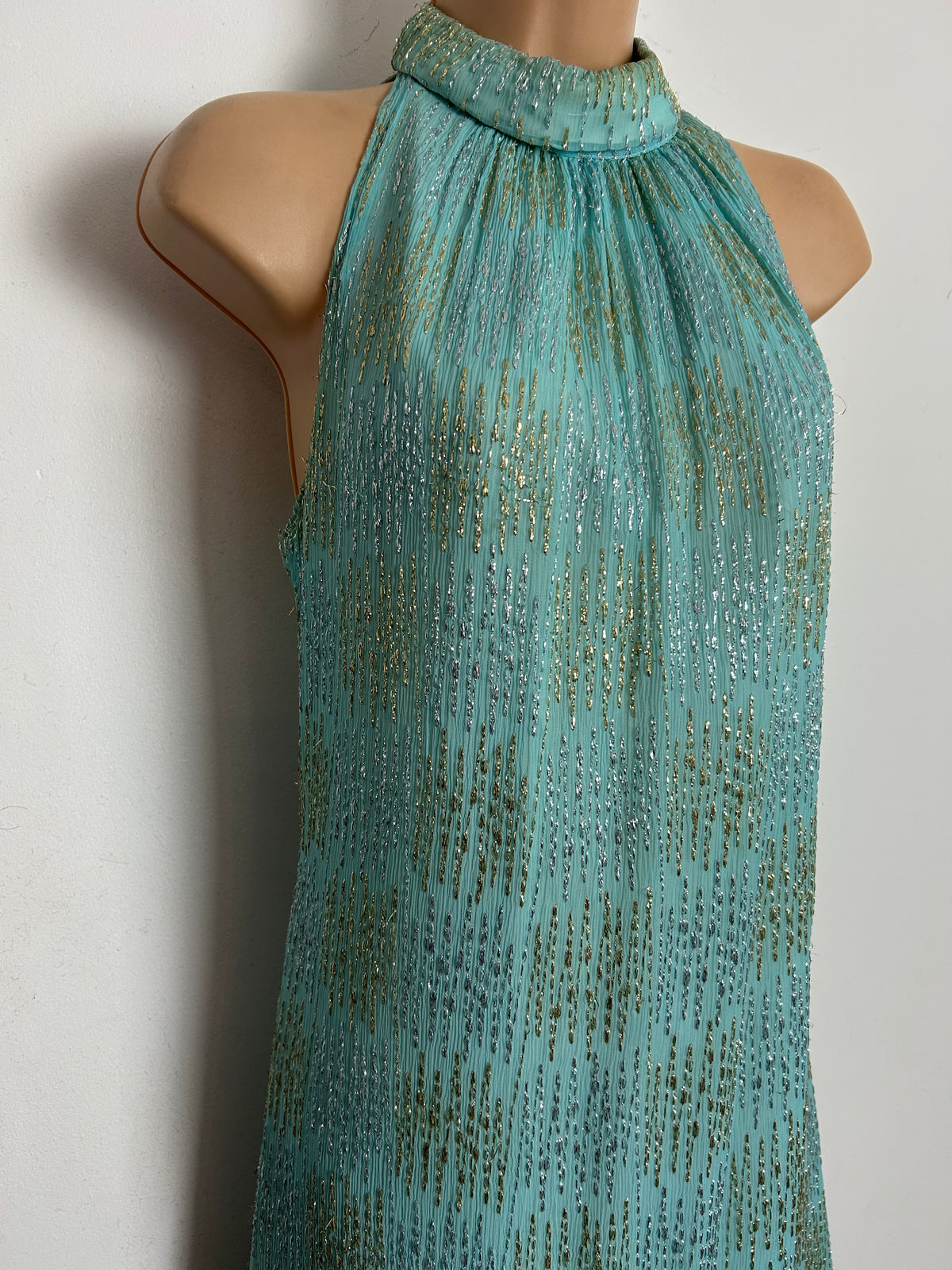 Vintage 1960s Size 8 Pale Duck Egg Blue Gold & Silver Thread Occasion Evening Maxi Dress