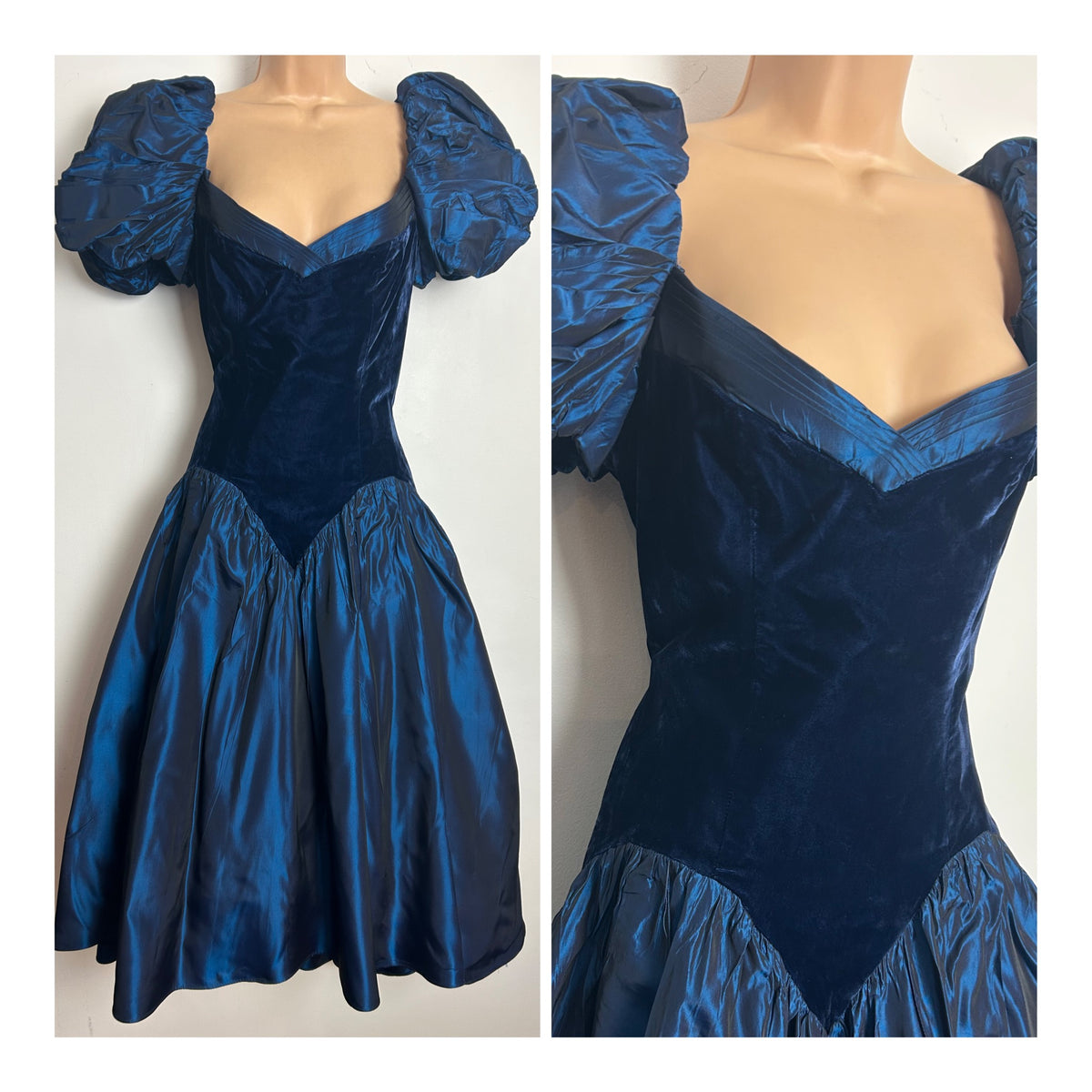 American Vintage Extreme 1980s Size 8 Midnight Blue Velvet & Taffeta Puffed Shoulder Party Prom Dress