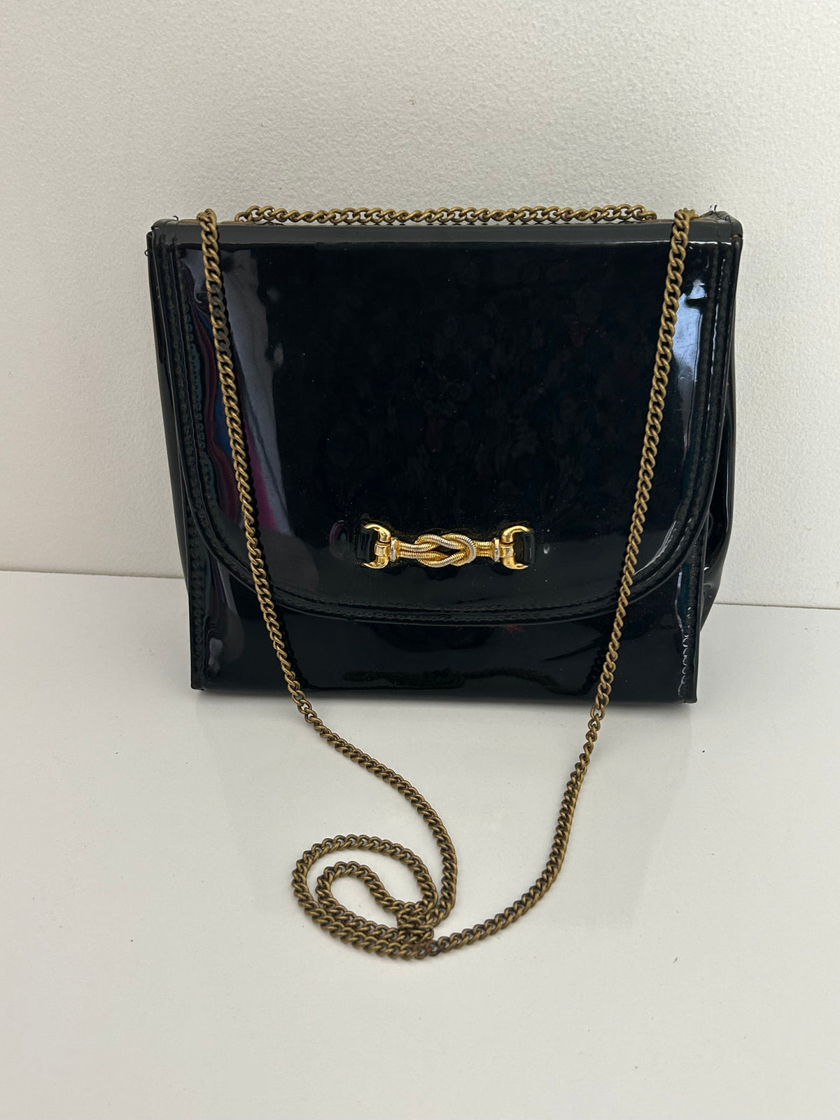 Vintage 1960s Black Patent Small Square Bag With Adjustable Chain Strap