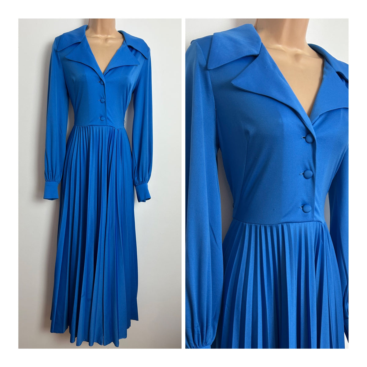 Vintage 1970s MARJON COUTURE  Blue Pleated Long Sleeve Maxi Dress Size 10