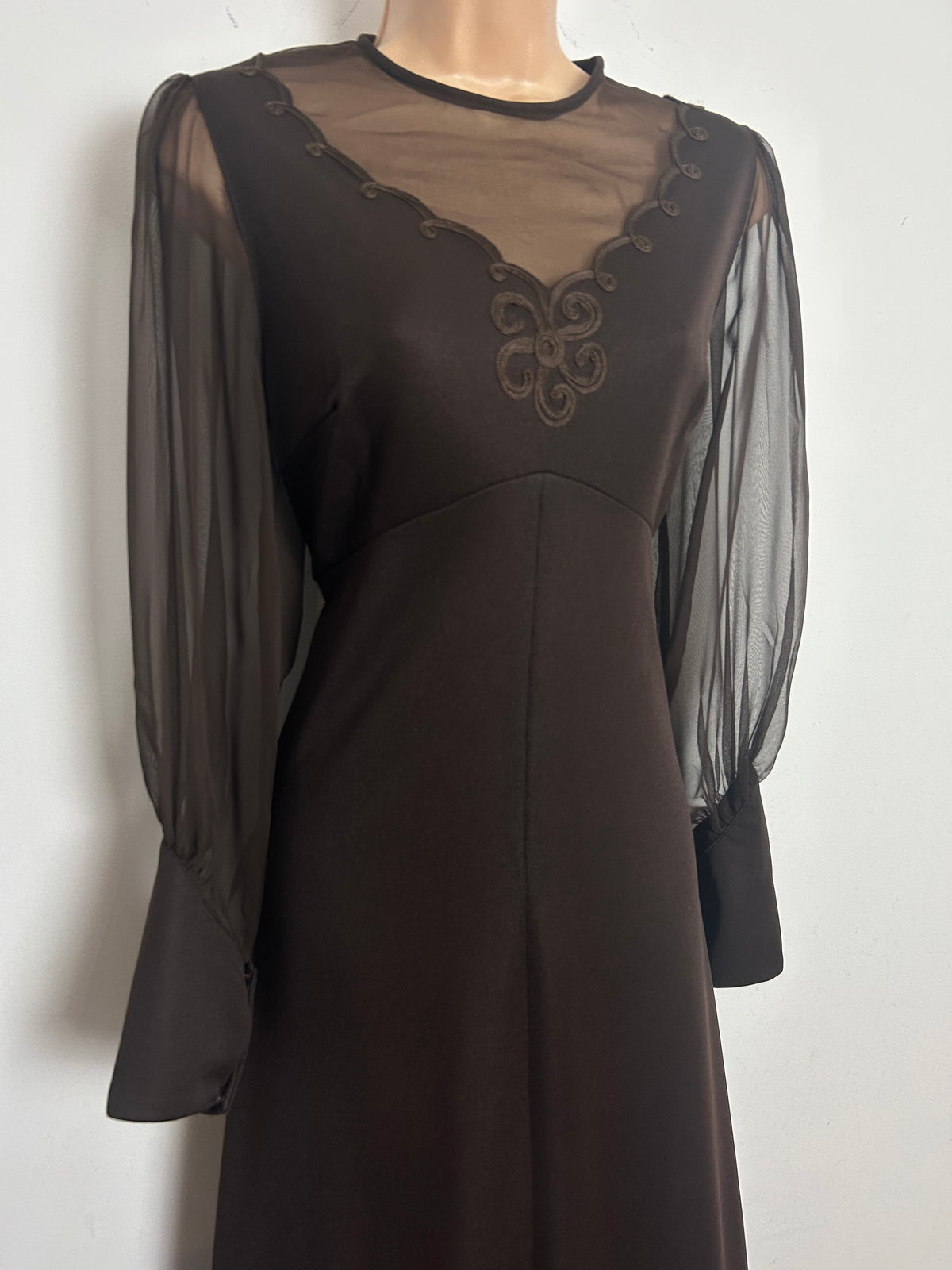 Vintage 1970s Size 10 Chocolate Brown Illusion Neck Long Sleeve Occasion Maxi Dress