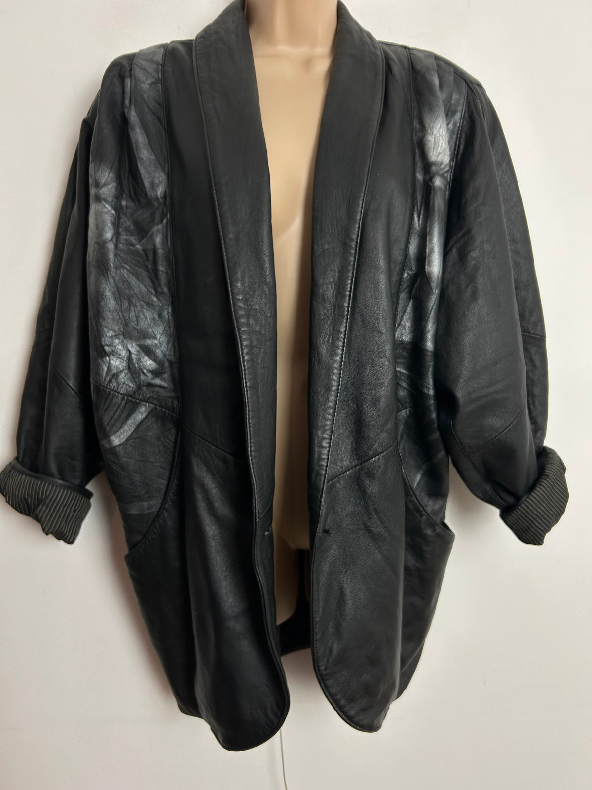 Vintage 1980s CABRINI Up To Size 14 Black & Silver Pattern Open Fronted Leather Jacket