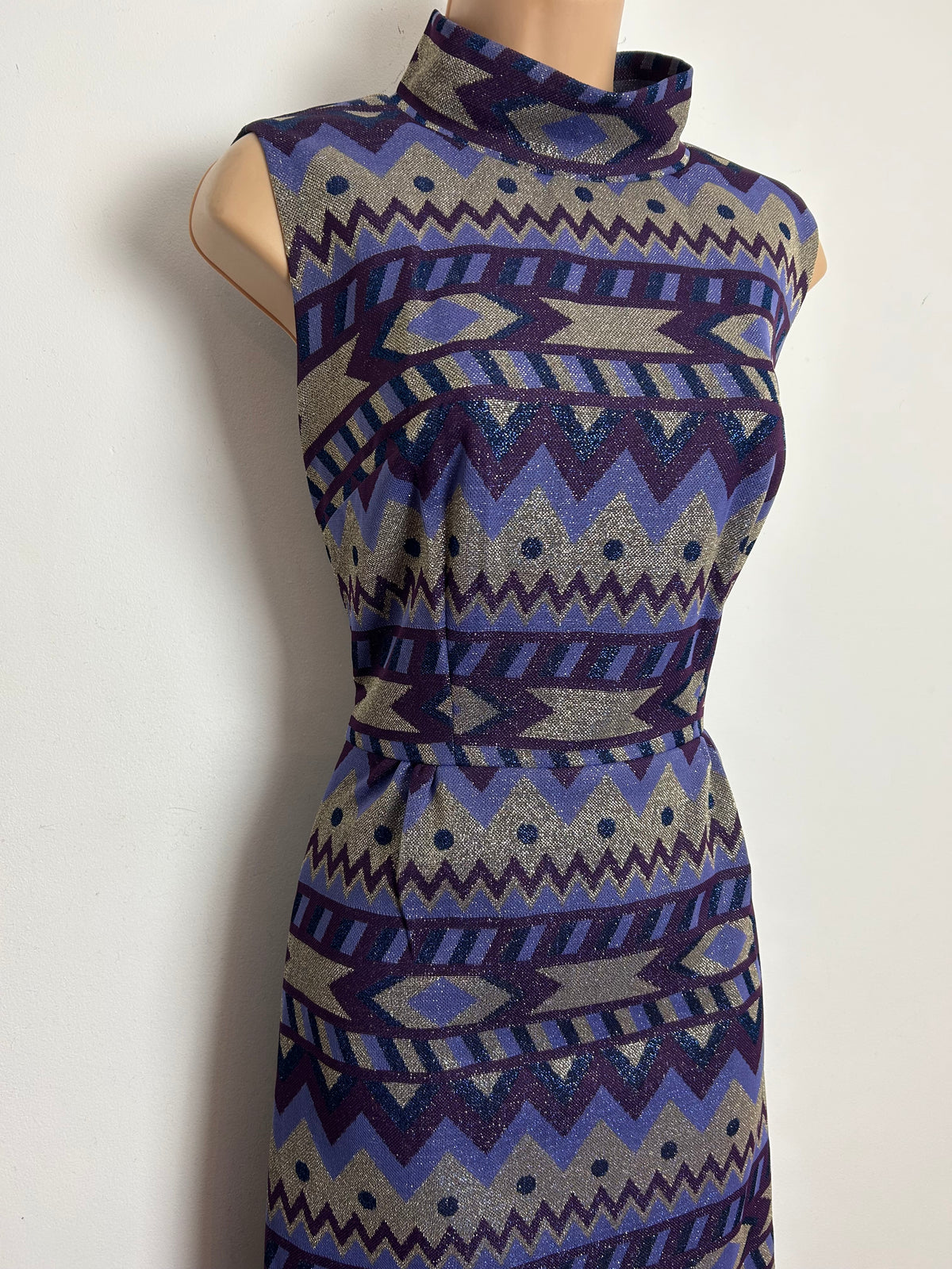 Vintage 1970s Size 12 Purple & Silver Tones Abstract Print Lurex Evening Maxi Dress