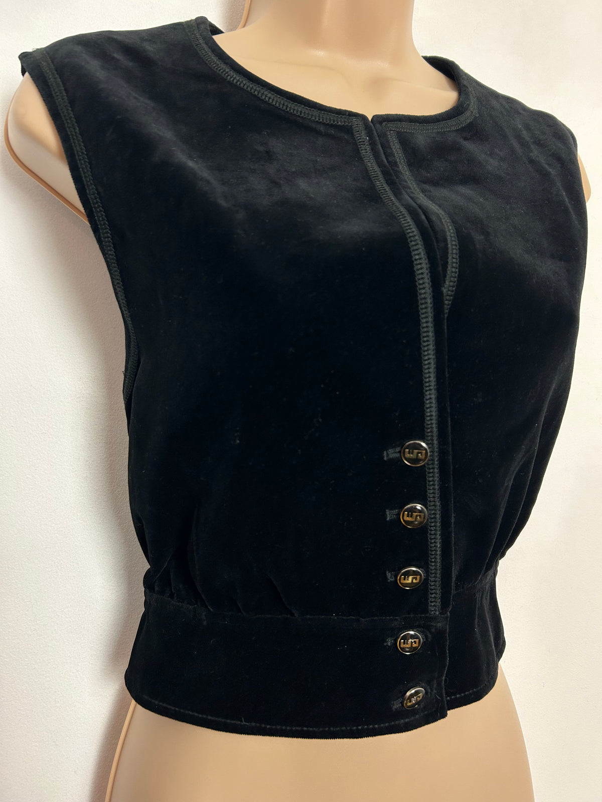 Vintage 1970s UK Size 8 Black Velvet Button Up Waistcoat