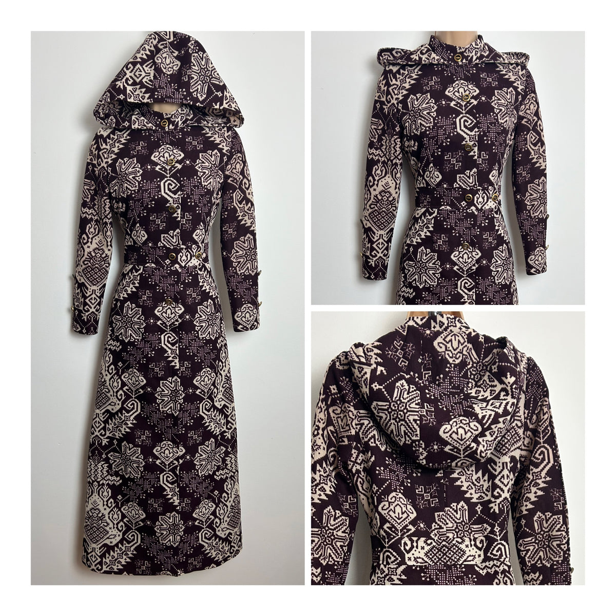 Vintage 1970s Size 8-10 Aubergine Purple & Off White Abstract Print Long Sleeve Hooded Maxi Dress