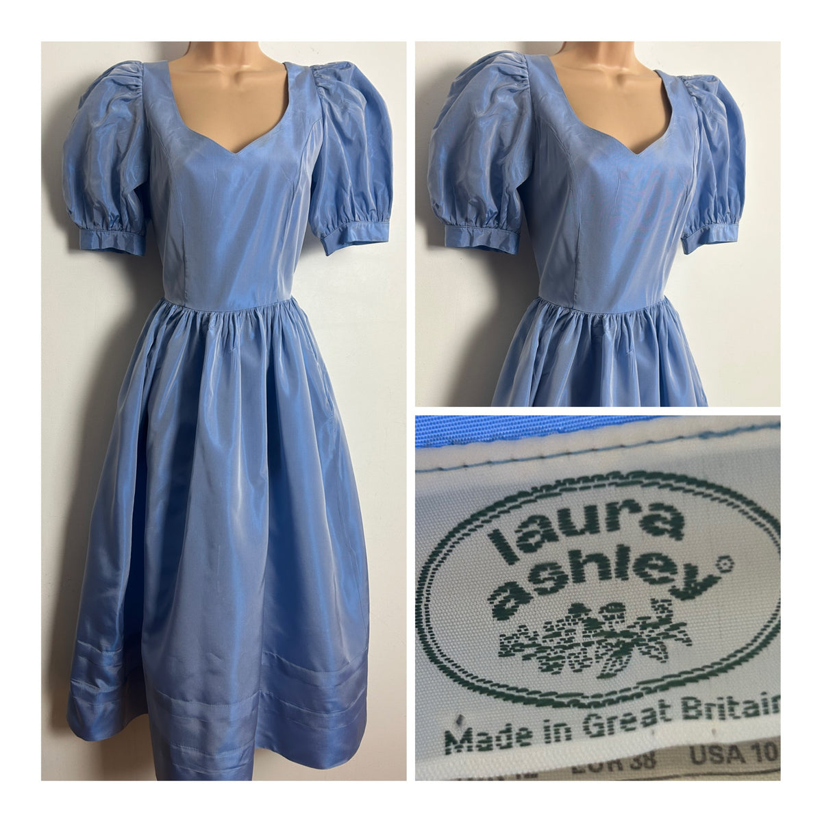 Vintage 1980s LAURA ASHLEY Size 8 (Size 12 On Label) Powder Blue Taffeta Ballgown