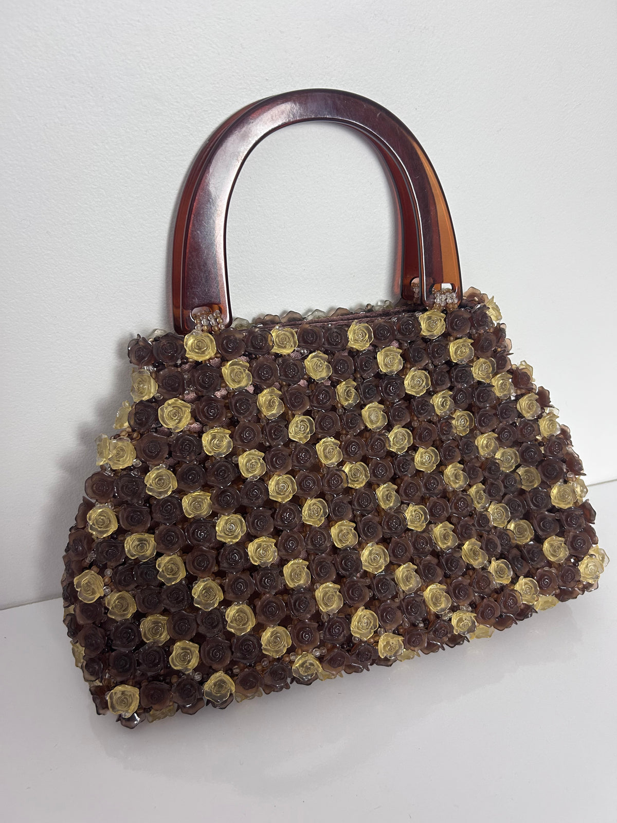 Vintage 1960s Gorgeous Brown & Beige Heavy Plastic Roses & Beaded Handbag