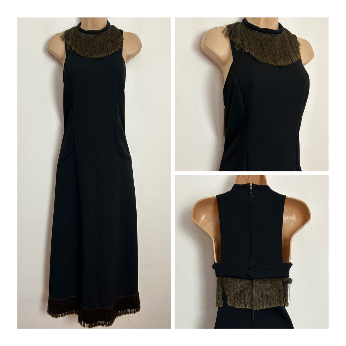 Vintage 1970s UK Size 8 Black Sleeveless Fringe Tassel Trim Evening Occasion Maxi Dress
