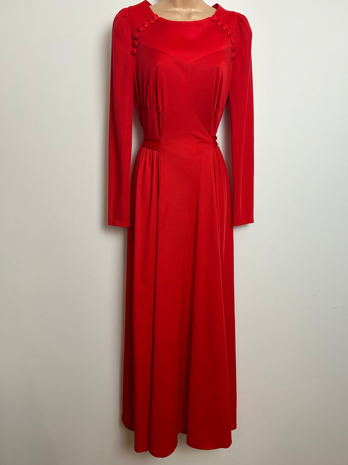 Vintage 1970s Size 12 Red Long Sleeve Button Detail Tie Back Maxi Dress