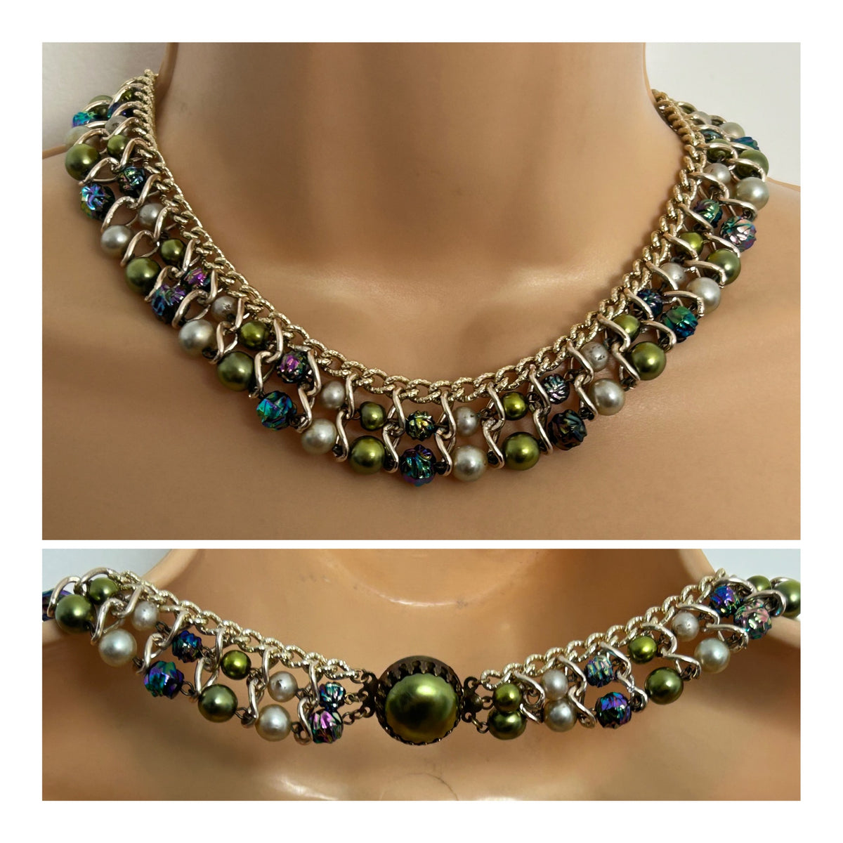 Vintage Late 1950s Gold Tone Faux Pearl & Painted Floral Beaded Choker Necklace