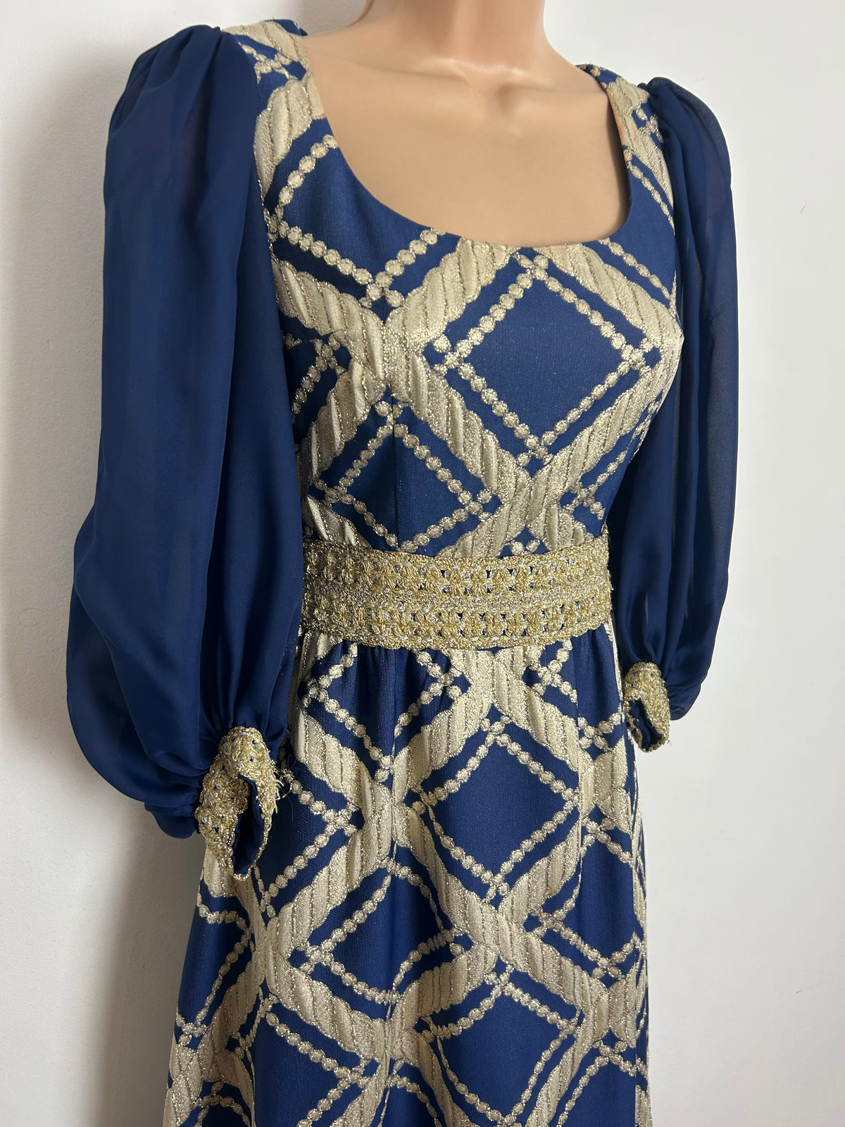 Vintage 1960s Size 6 Navy Blue & Gold Braid Trim Brocade Occasion Evening Maxi Dress