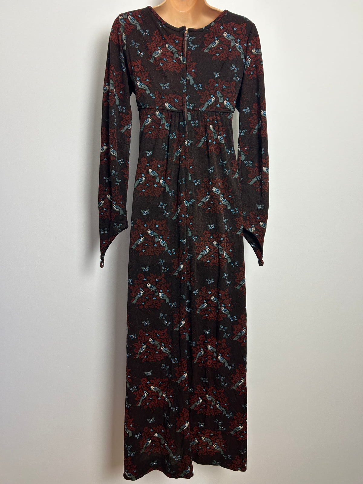 Vintage 1970s ST ANDRE Size 10 Brown Tones Bird & Butterfly Novelty Print Long Sleeve Maxi Dress With Finger Loops