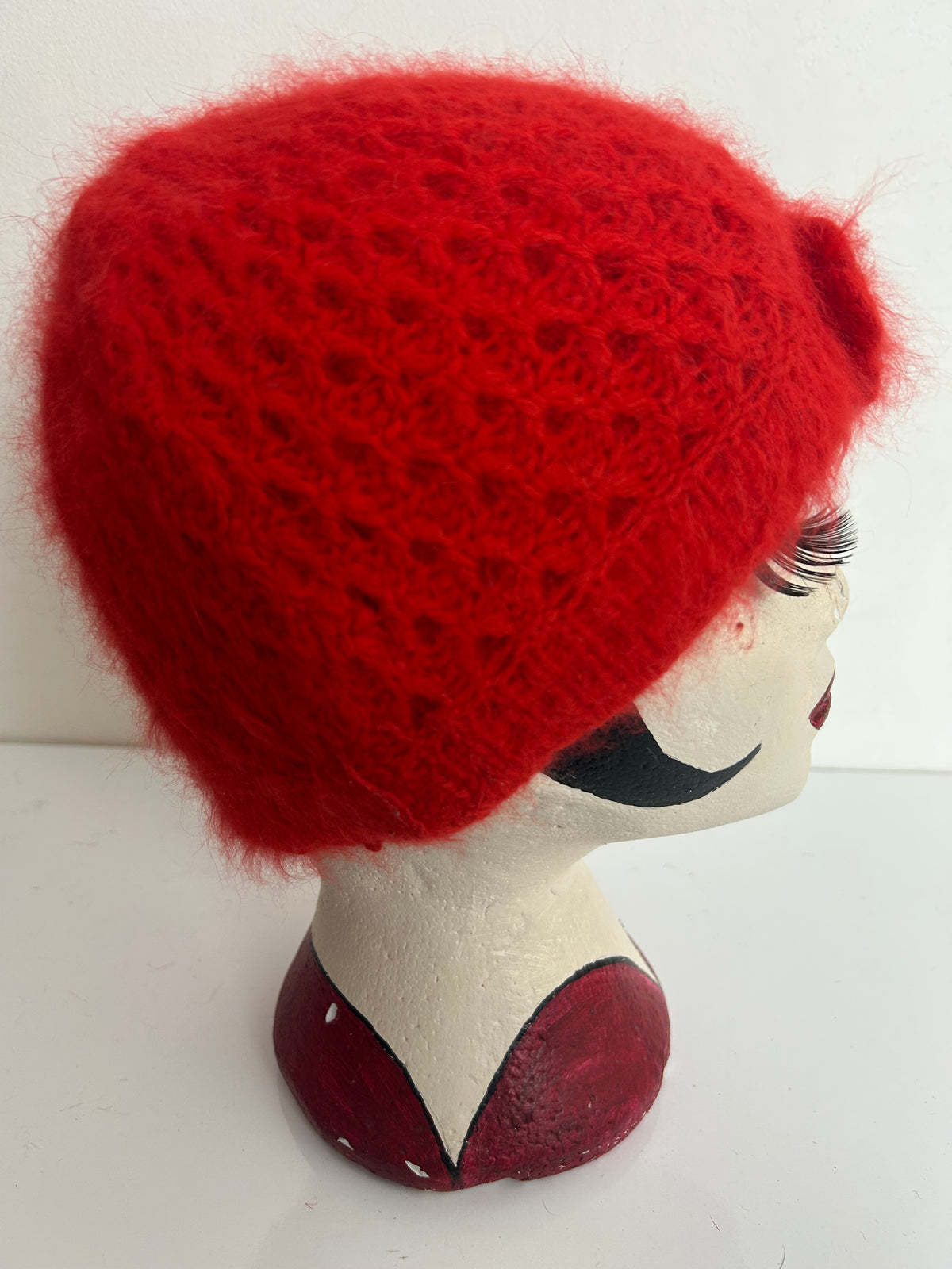 Vintage Cute Red Angora Mix Pull On Beanie Style Hat