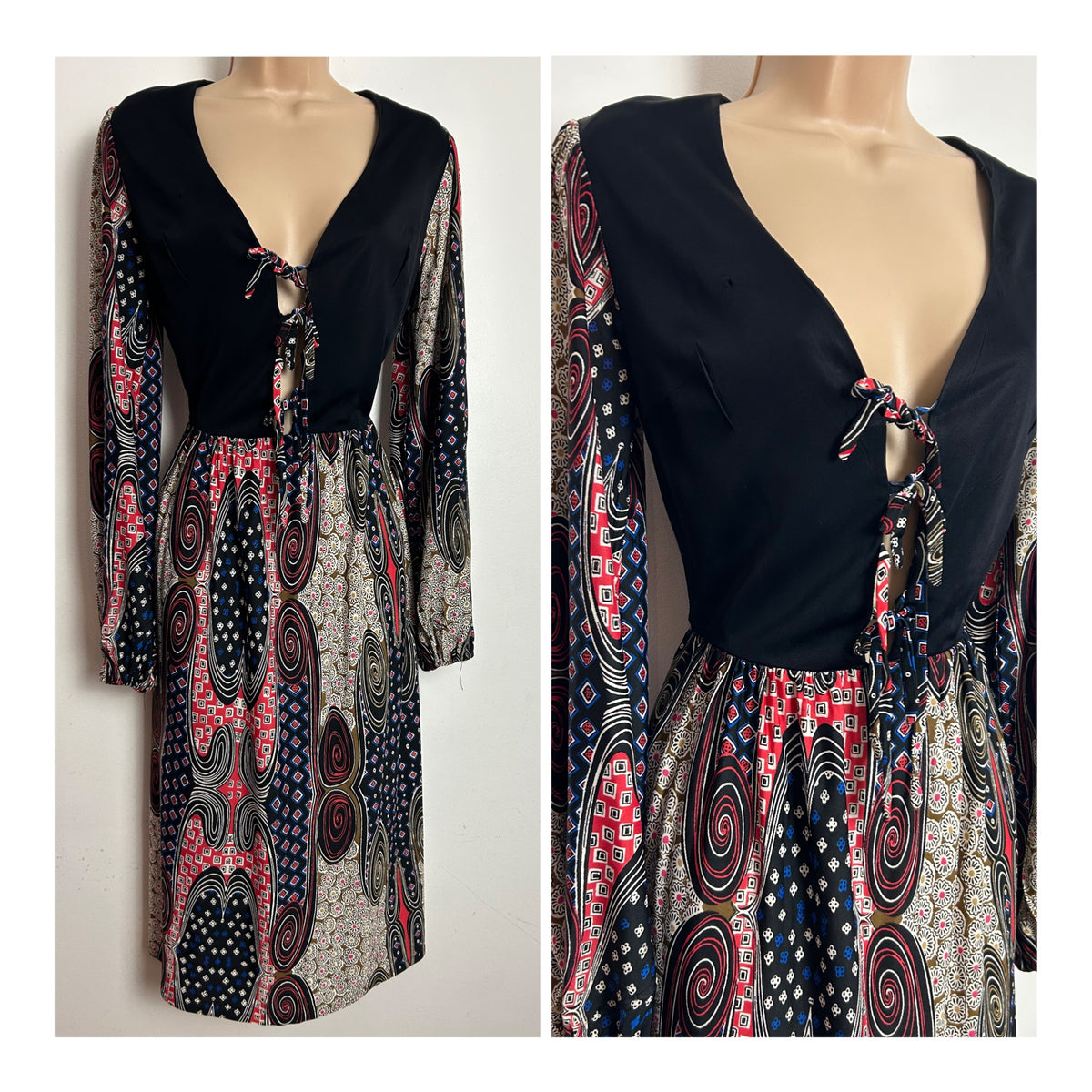 Vintage 1970s SHELANA Size 6-8 Black Red Brown & White Abstract Print Open Front Triple Tie Midi Dress