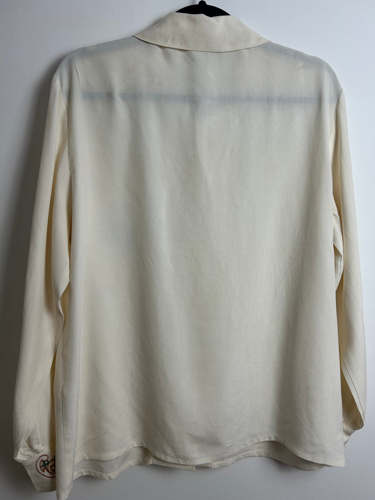 Vintage 1980s ELEGANCE PARIS Size 12 Cream 100% Silk Embroidered Detail Long Sleeve Blouse