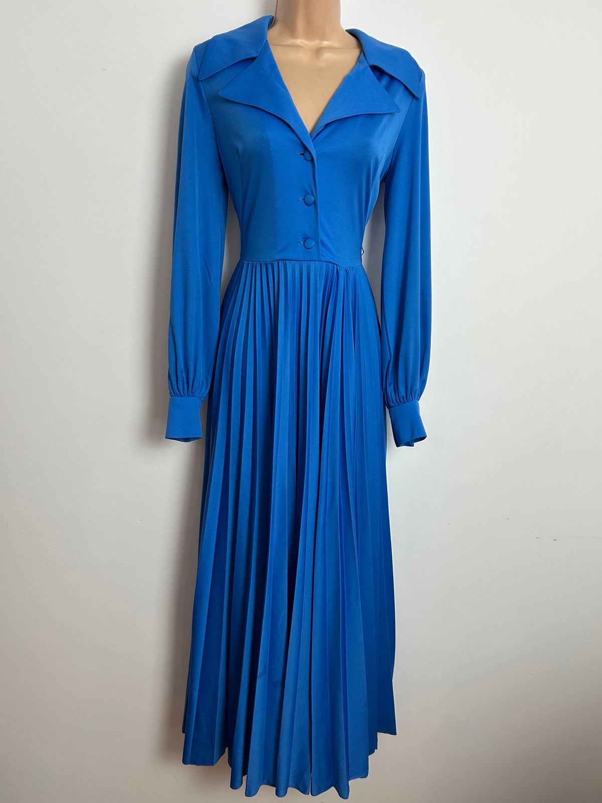 Vintage 1970s MARJON COUTURE  Blue Pleated Long Sleeve Maxi Dress Size 10