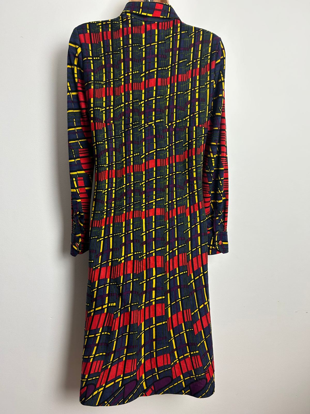 Vintage 1970s Size 10 Dark Blue Purple Red & Yellow Check Print Jersey Mod Shift Dress