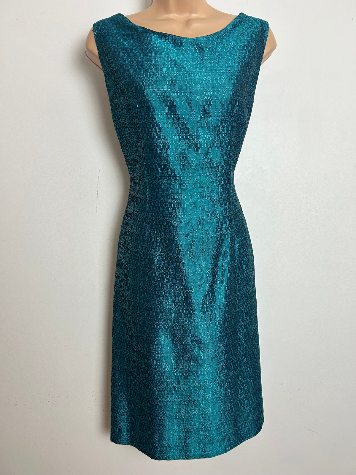 Vintage 1960s Size 12 Metallic Teal Jacquard Fitted Wiggle Party Dress Size 12