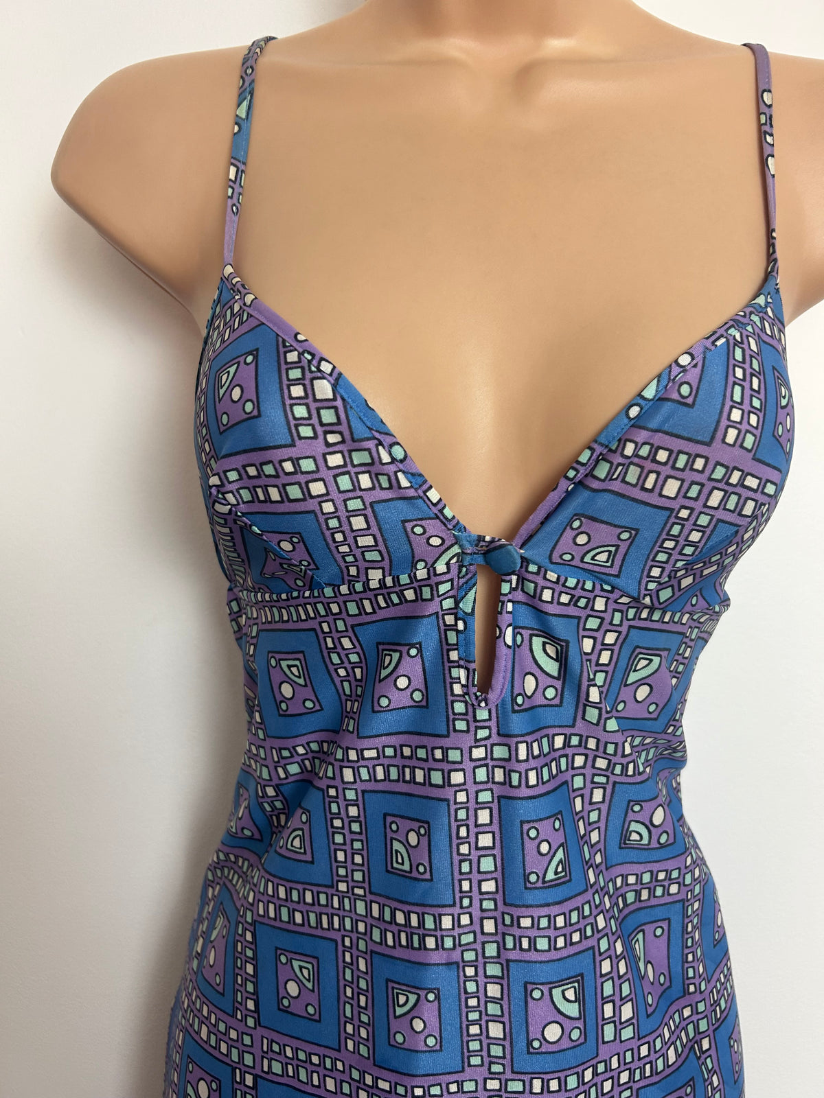 Vintage 1970s PIPPA DEE Size 8 Blue Lilac & Mint Green Geo Print Summer Sun Dress