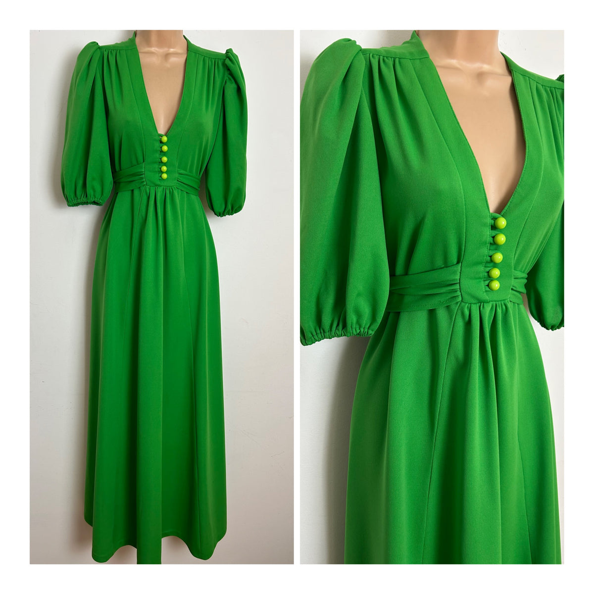 Vintage 1970s Size 12-14 Green Mid Length Sleeve Tie Back Maxi Dress