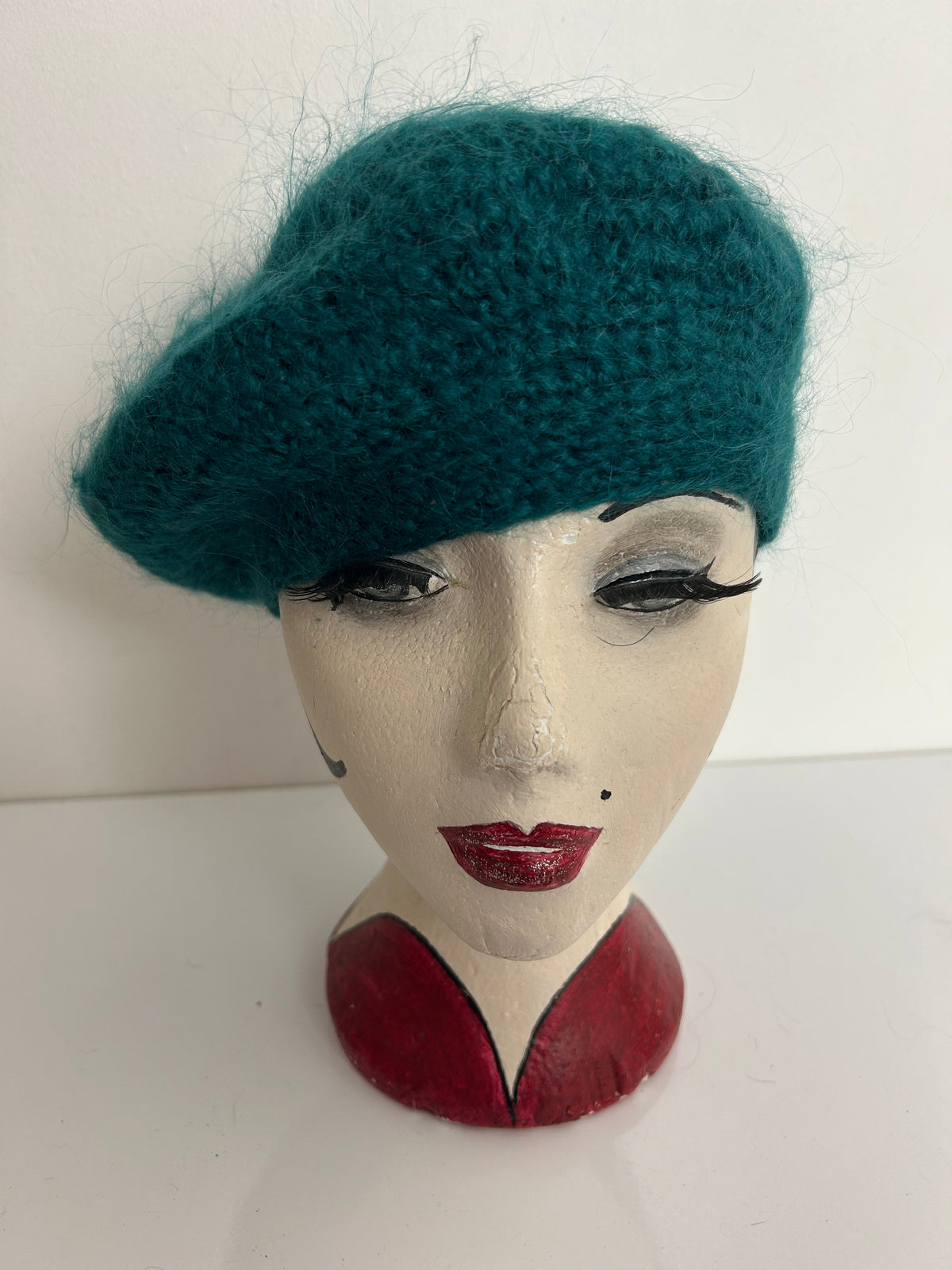 Vintage Teal Green Angora & Wool Knit Beret/Beanie Style Hat