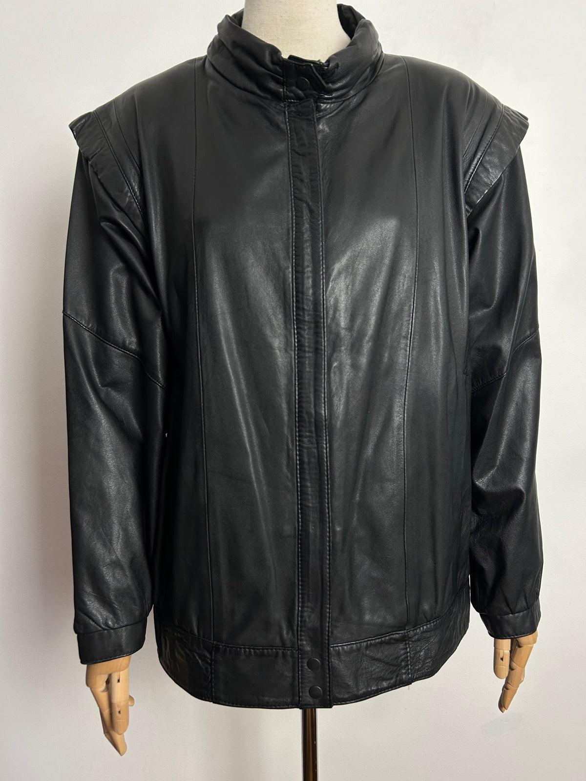 Vintage 1980s CANDA UK Size 14-16 Black Leather Round Neck Leather Jacket