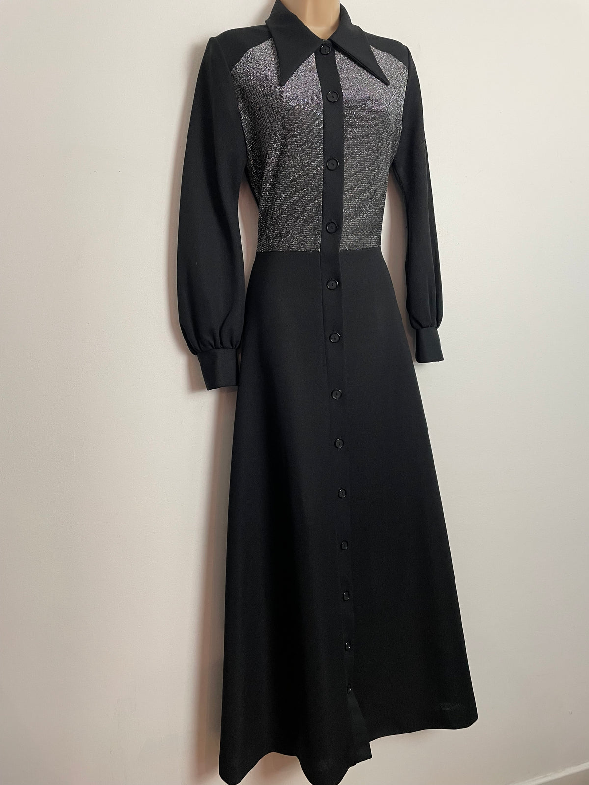 Vintage 1970s UK Size 10 Black & Silver Lurex Bodice Dagger Collar Long Sleeve Maxi Dress