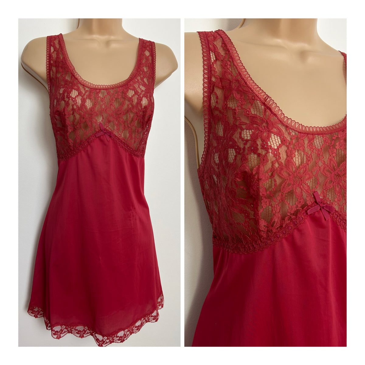 Vintage Size 10 Dark Red Lace Trim Nylon Mini Slip