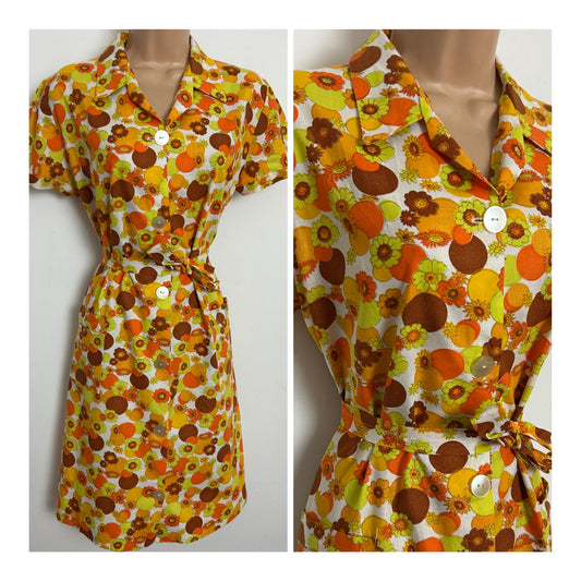 Vintage 1960s Size 14-16 White & Orange Tones Floral & Spot Print Cotton Mix Belted Mod Day Dress
