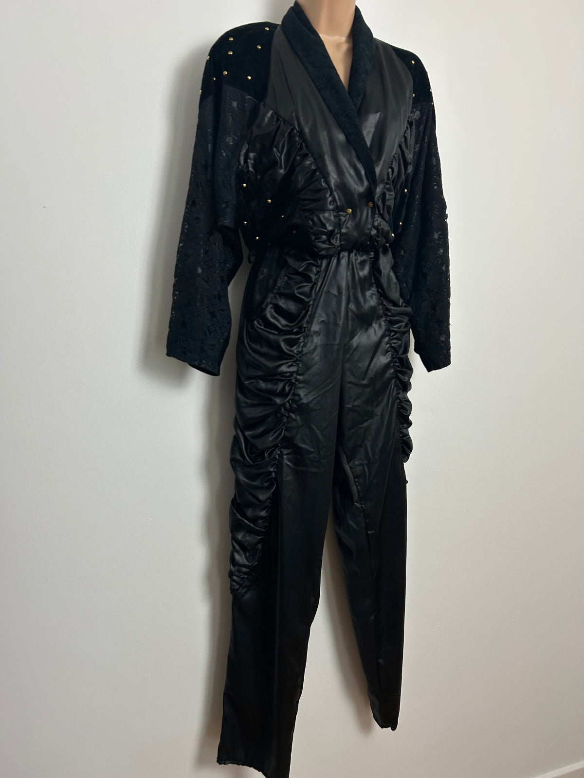 Vintage Extreme 1980s ST DENIS Size 10 Black Ruched Wet Look Studded New Romantic Gothic Vibes Jumpsuit