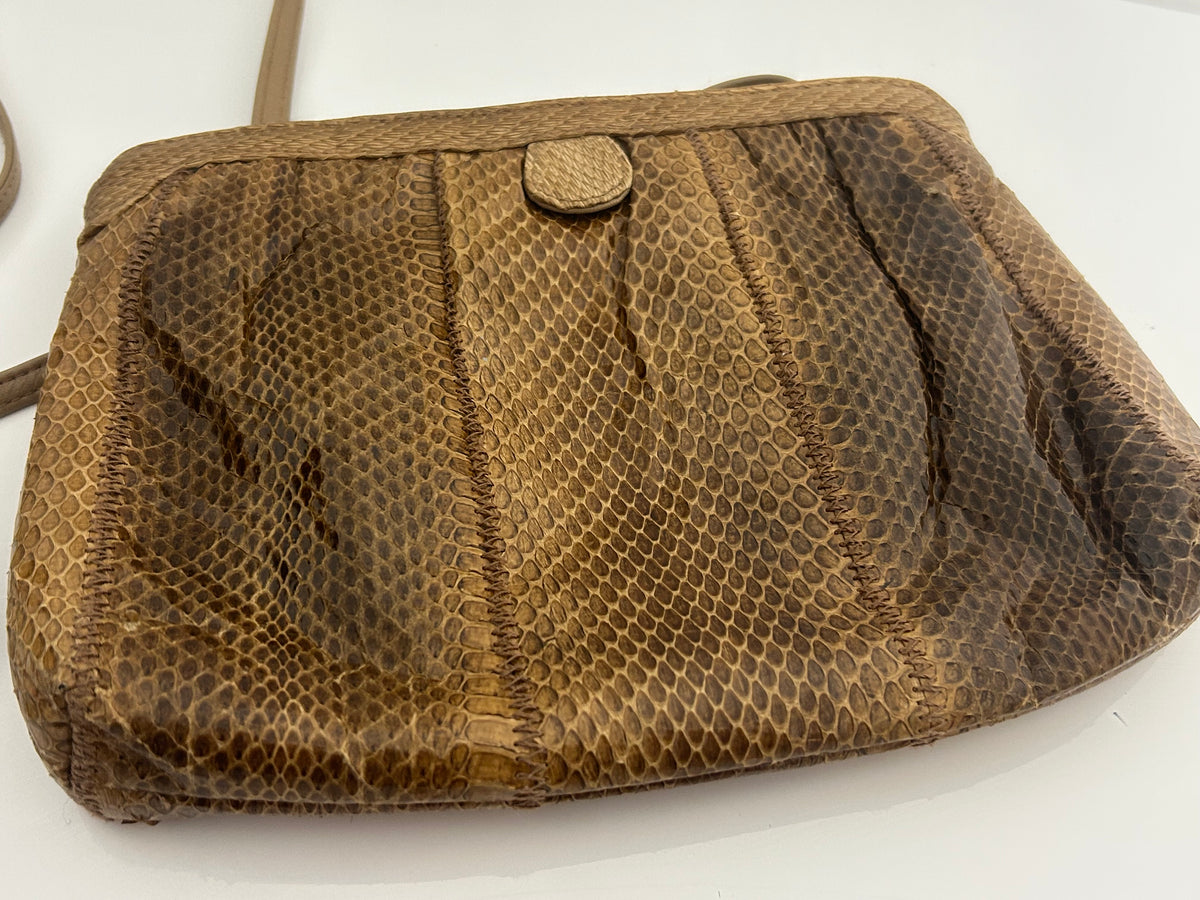 Vintage 1970s CLEMENTE Tan Brown Real Snake Skin Small Leather Shoulder Or Crossbody Bag