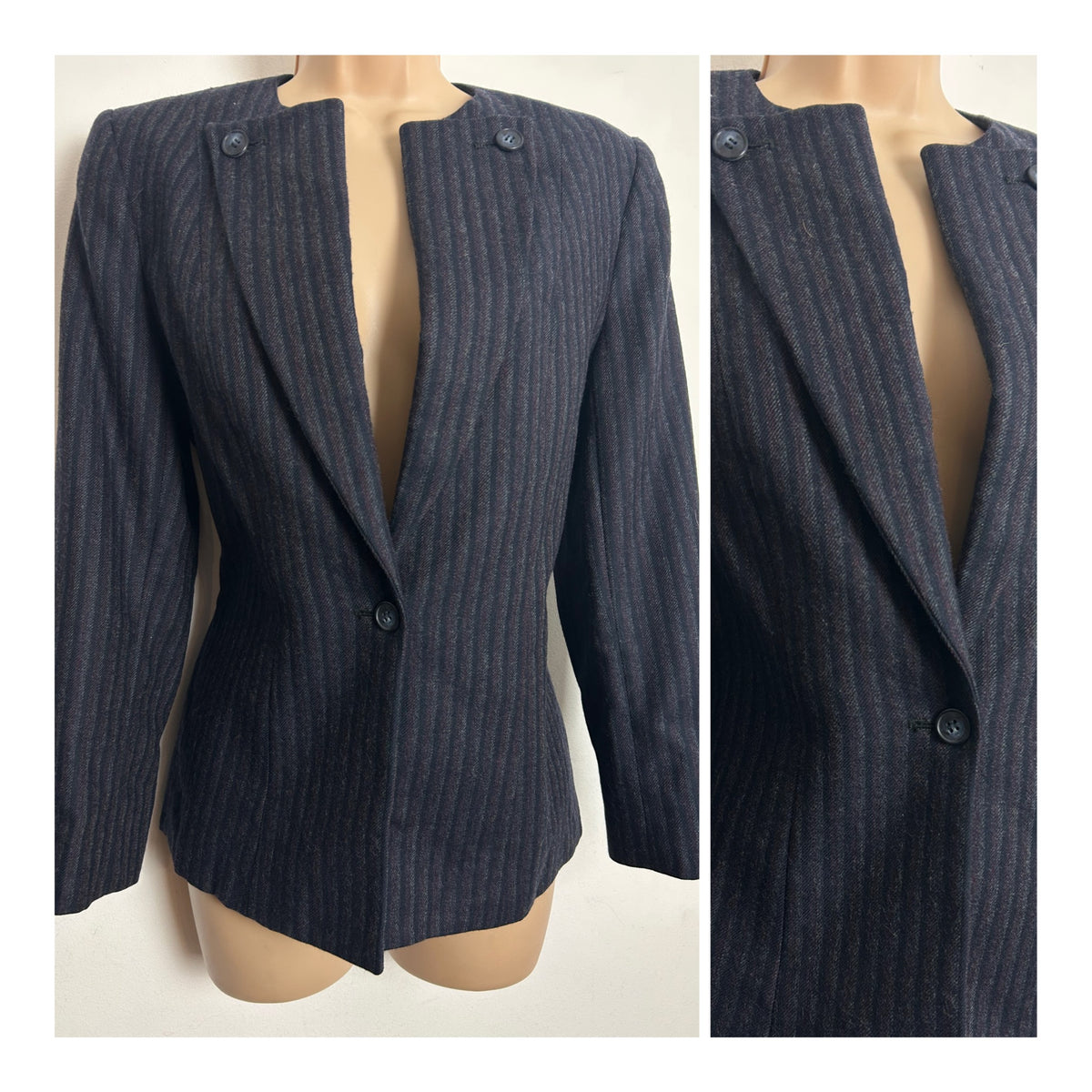Vintage 1980s Size 10 Darkest Grey Stripe Wool Mix Button Collar Blazer