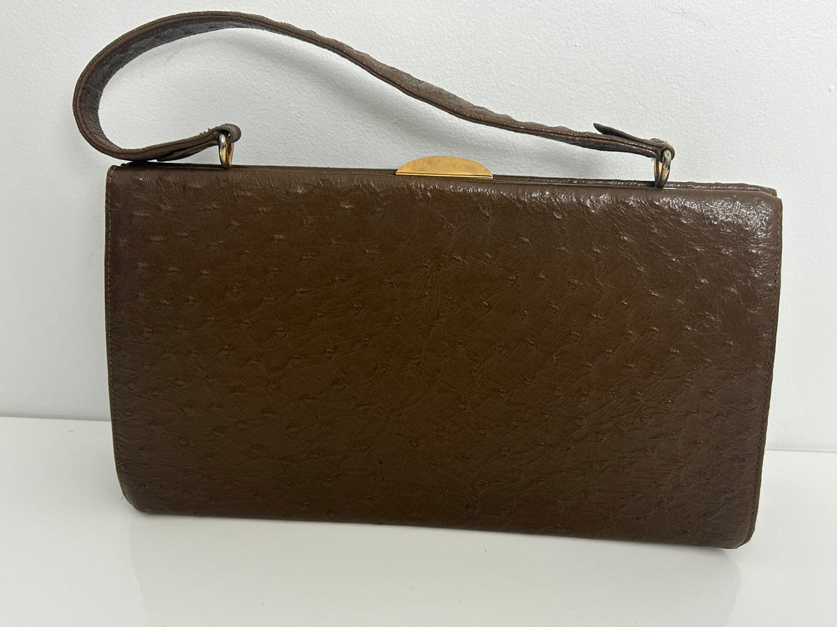 Vintage 1960s Large Brown Leather Ostrich Embossed Kelly Style Handbag