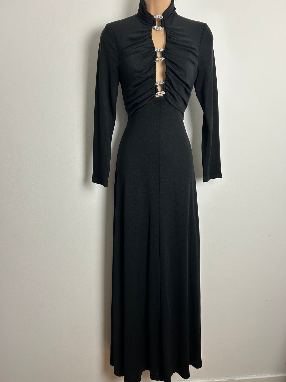 Vintage 1970s JOHN MARKS Size 10 Black Diamante Detailing Open Front Occasion Evening Maxi Dress