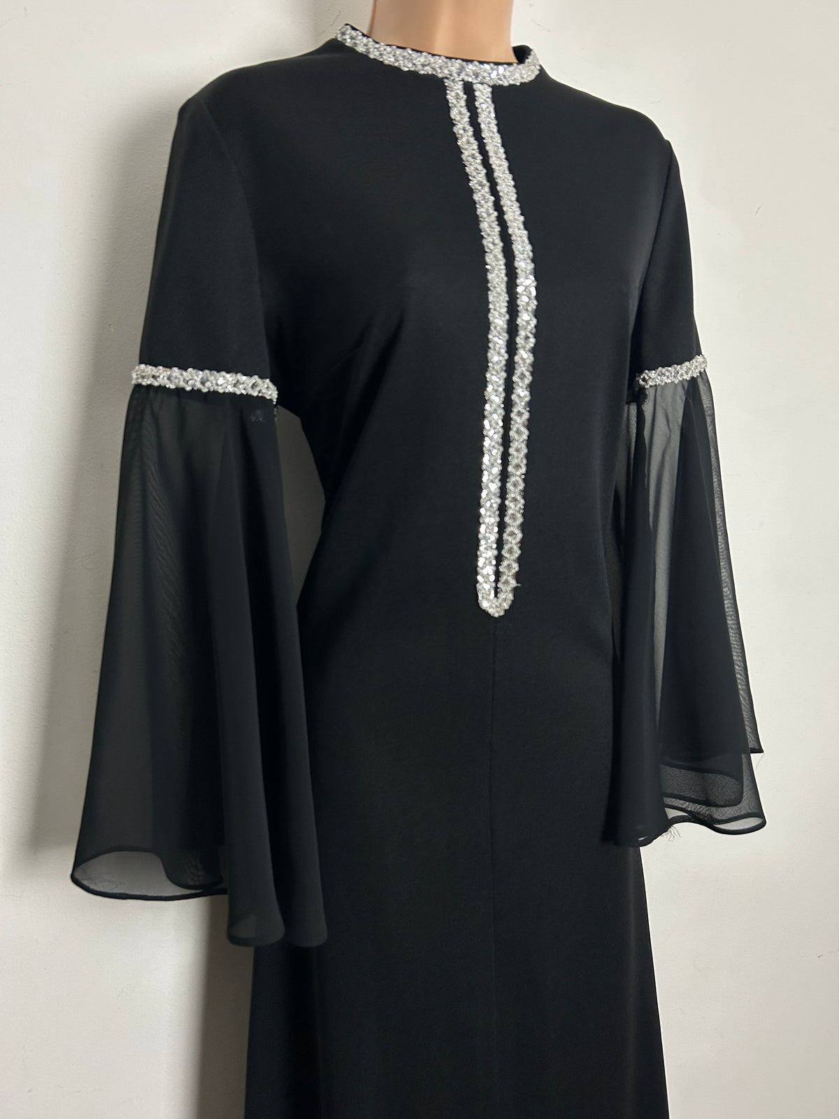 Vintage 1970s CLIFTON Size 14 Black & Silver Braid Trim Flared Chiffon Sleeve Evening Maxi Dress