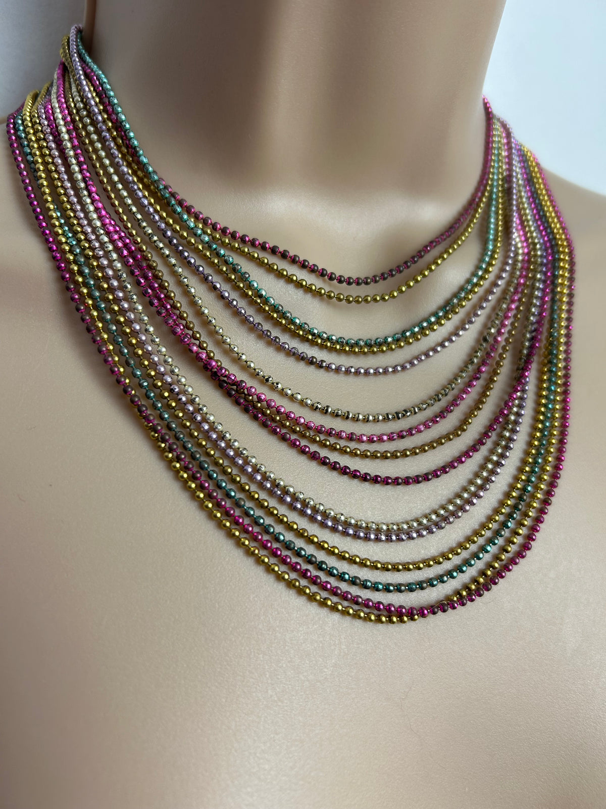 Vintage 1960s Gorgeous Multistrand Pink Blue Silver & Gold Microbead Necklace