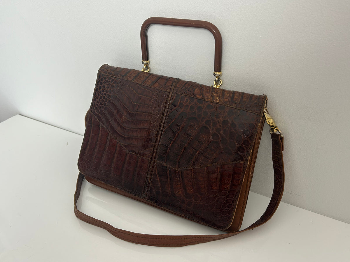 Vintage 1970s Brown Crocodile Skin Leather Handbag With Detachable Shoulder Strap