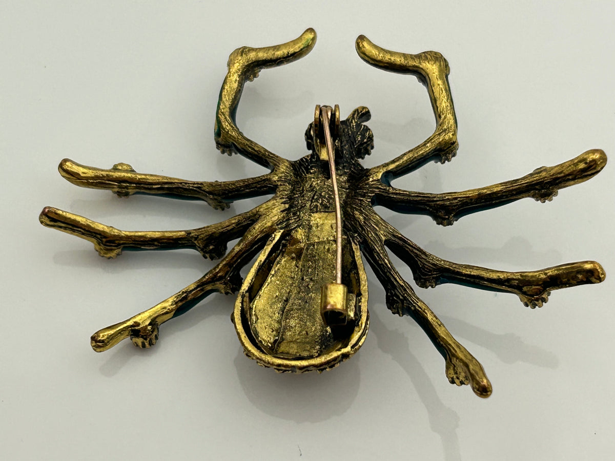 Vintage Gold Tone Green Enamel & Diamante Set Large Spider Pin Brooch