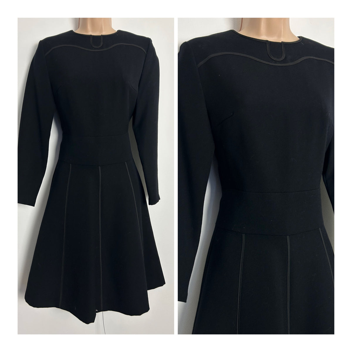 Vintage 1960s EIN FINK MODELL UK Size 6-8 Black Pure New Wool Braid Detail Long Sleeve Mod Dress
