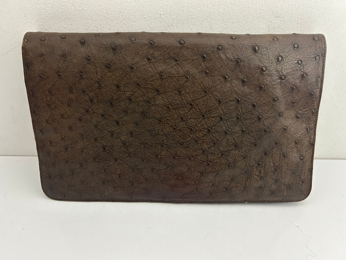 Vintage 1950’s Large Brown Ostrich Leather Clutch Bag With Hand Strap To The Back