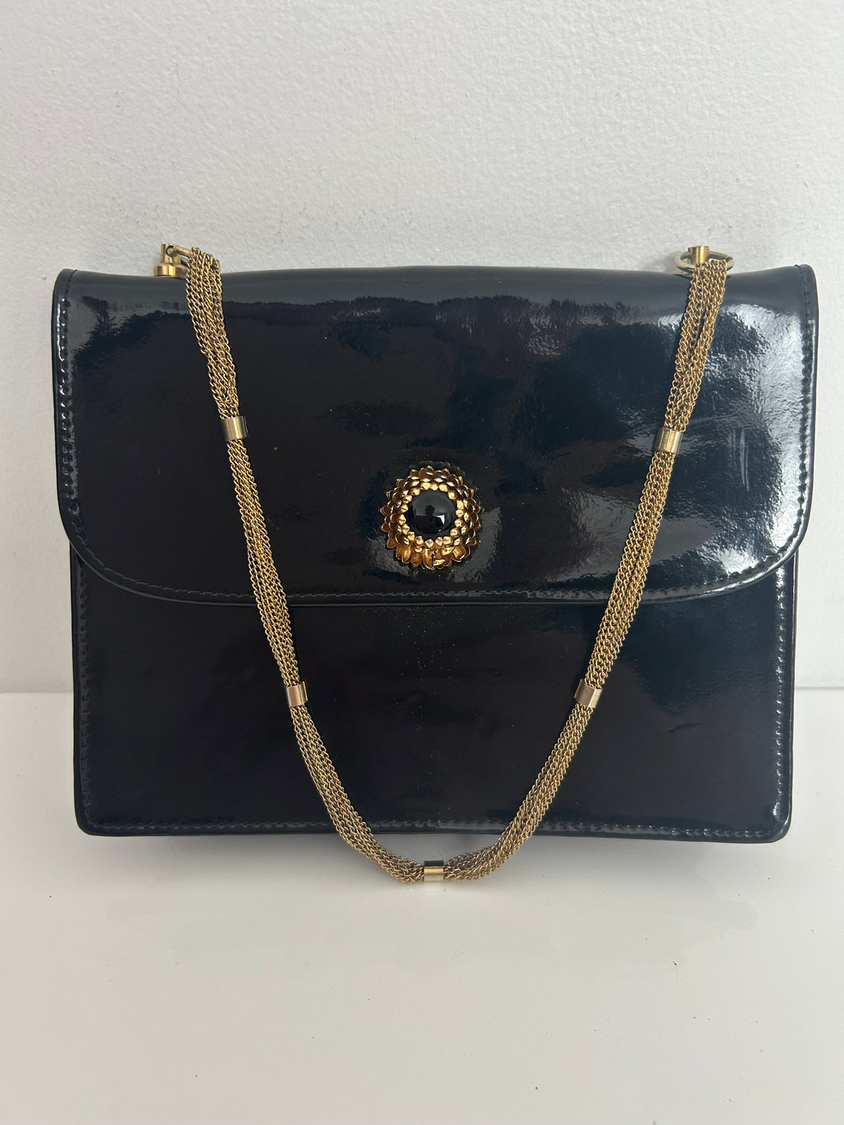 Vintage RARE Late 1960s UNUSUAL Black Patent Leather Chain Strap Handle With Screw Off Fastening