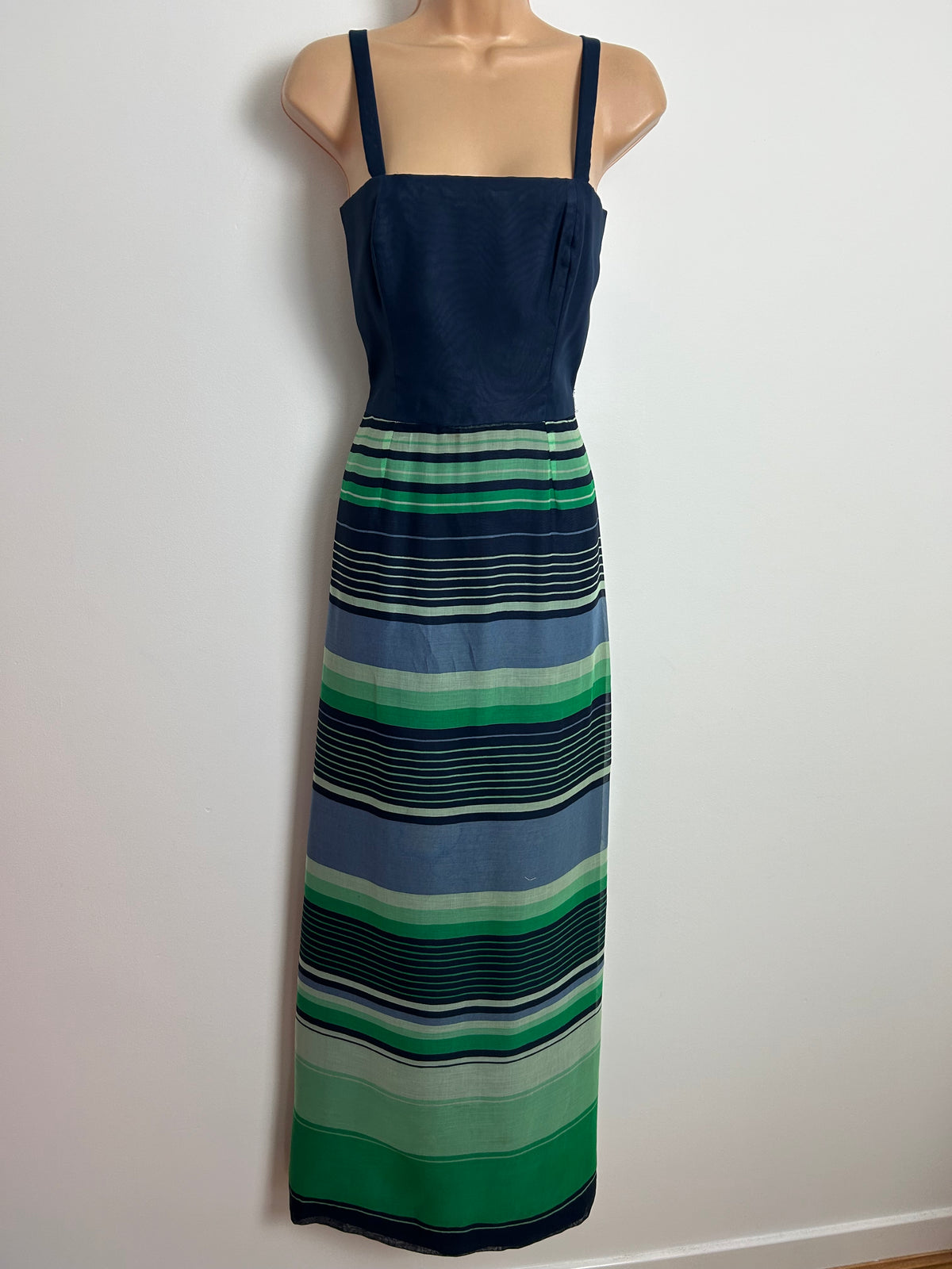 Vintage Late 1960s G. VALENS BRUXELLS Size 8-10 Navy Blue & Green Stripe Maxi Dress