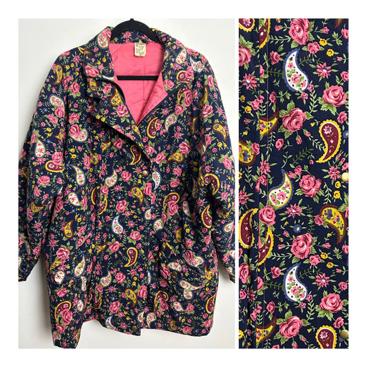 Vintage Up To Size 16 Navy Blue & Pink Floral Print Padded High Neck Mid Length Jacket