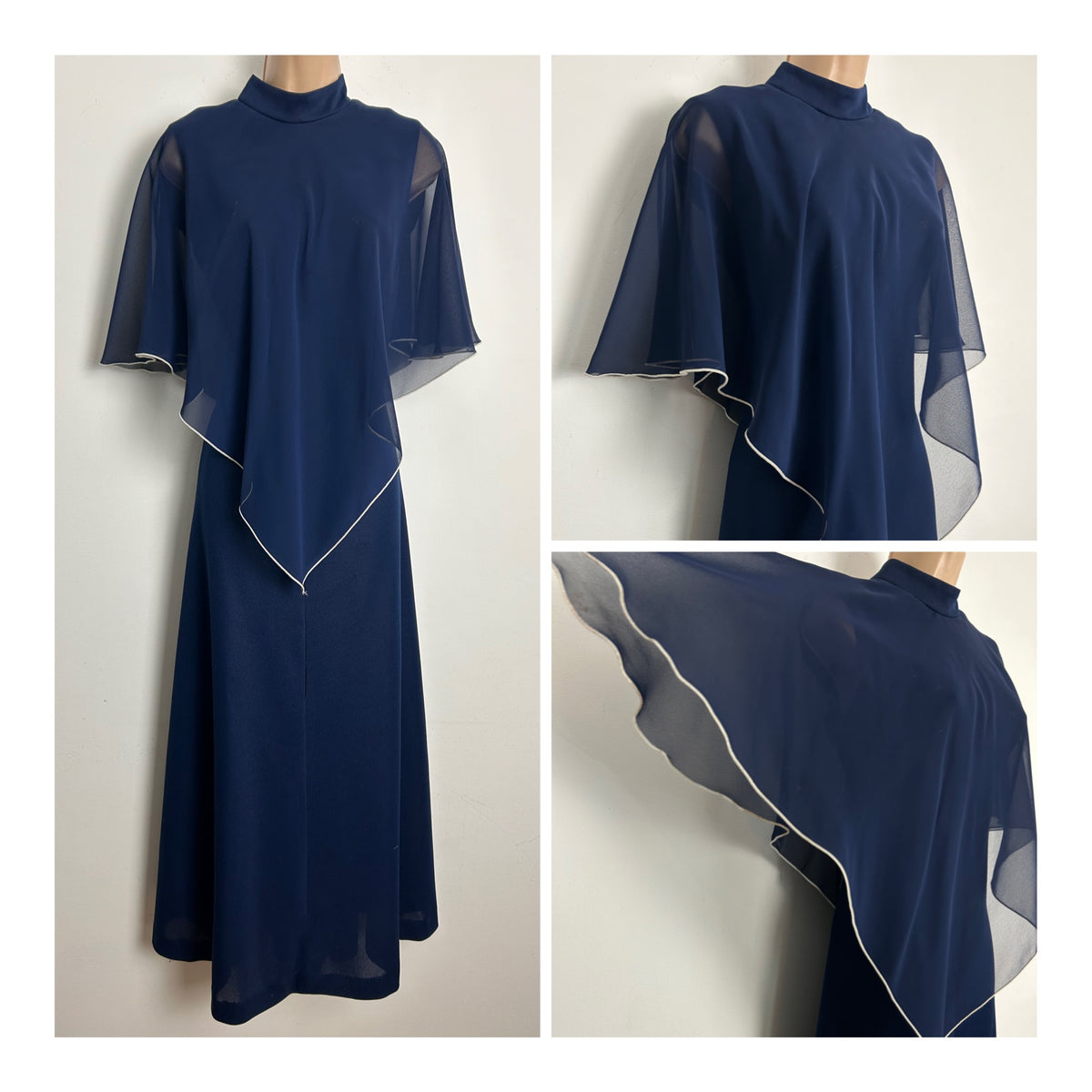 Vintage 1970s Size 10 Navy Blue Capelet Cape Sleeve Layered Boho Maxi Dress