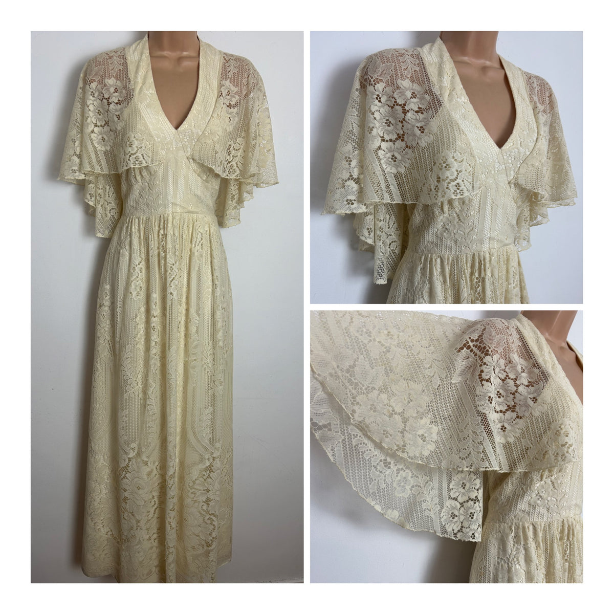 Vintage 1970s Size 8 Cream Cotton Lace Cape Sleeve Boho Summer Maxi Dress