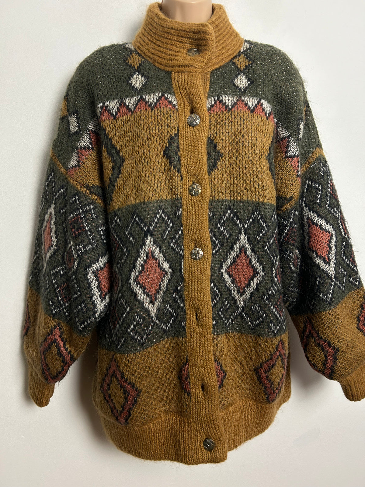 Vintage 1980s One Size Up To Size 16/18 Oversized Tan Brown & Dark Green Abstract Pattern Chunky Lined Coatigan