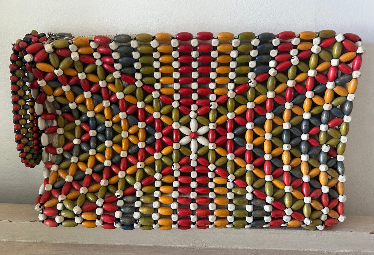 Vintage 1930s Art Deco Made In Czechoslovakia Multicolour Wooden Bead Bag With Wrist Strap