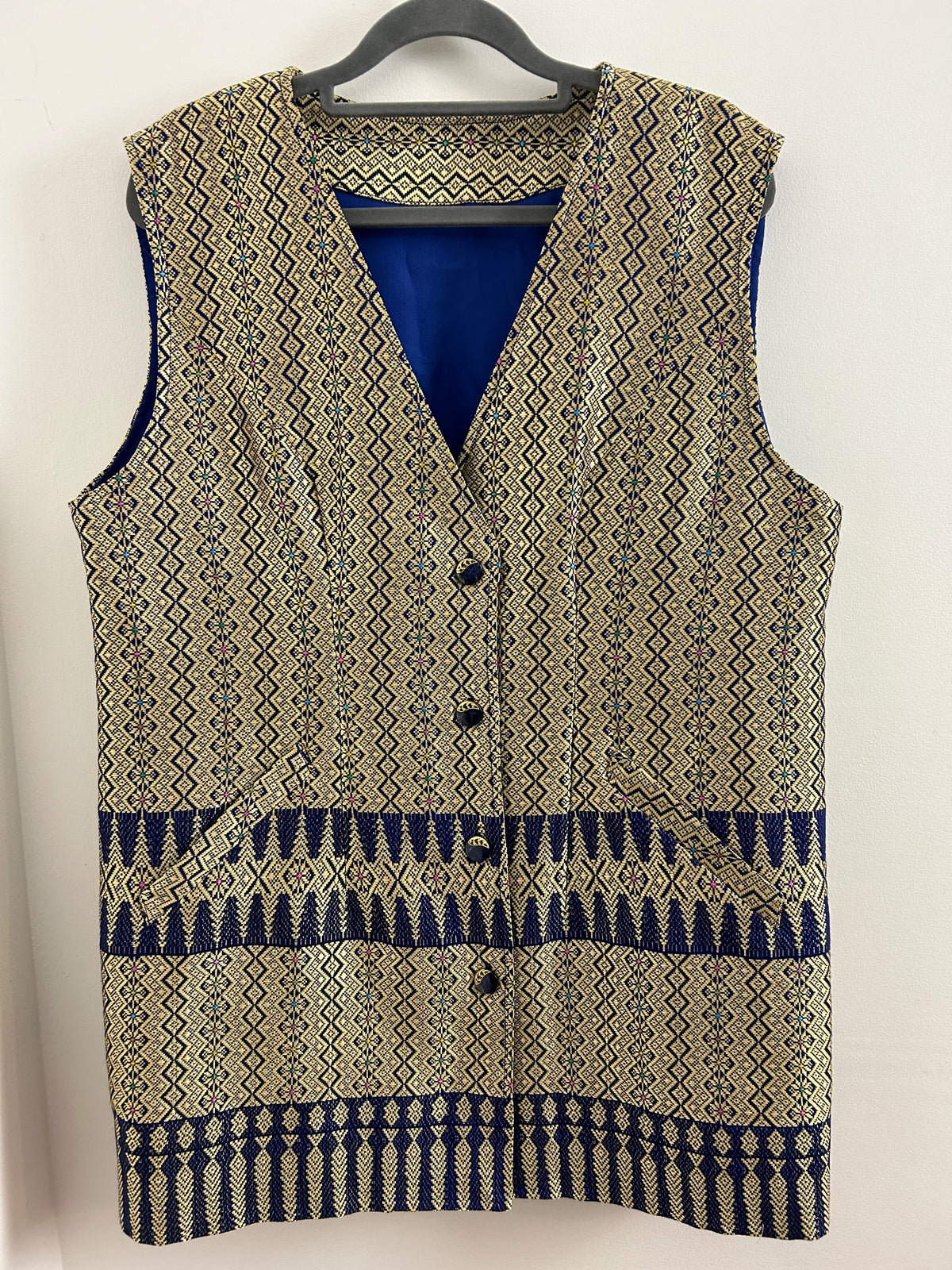 Vintage UK Size 14-16 Gold & Blue Woven Silk Abstract Pattern Tunic Waistcoat