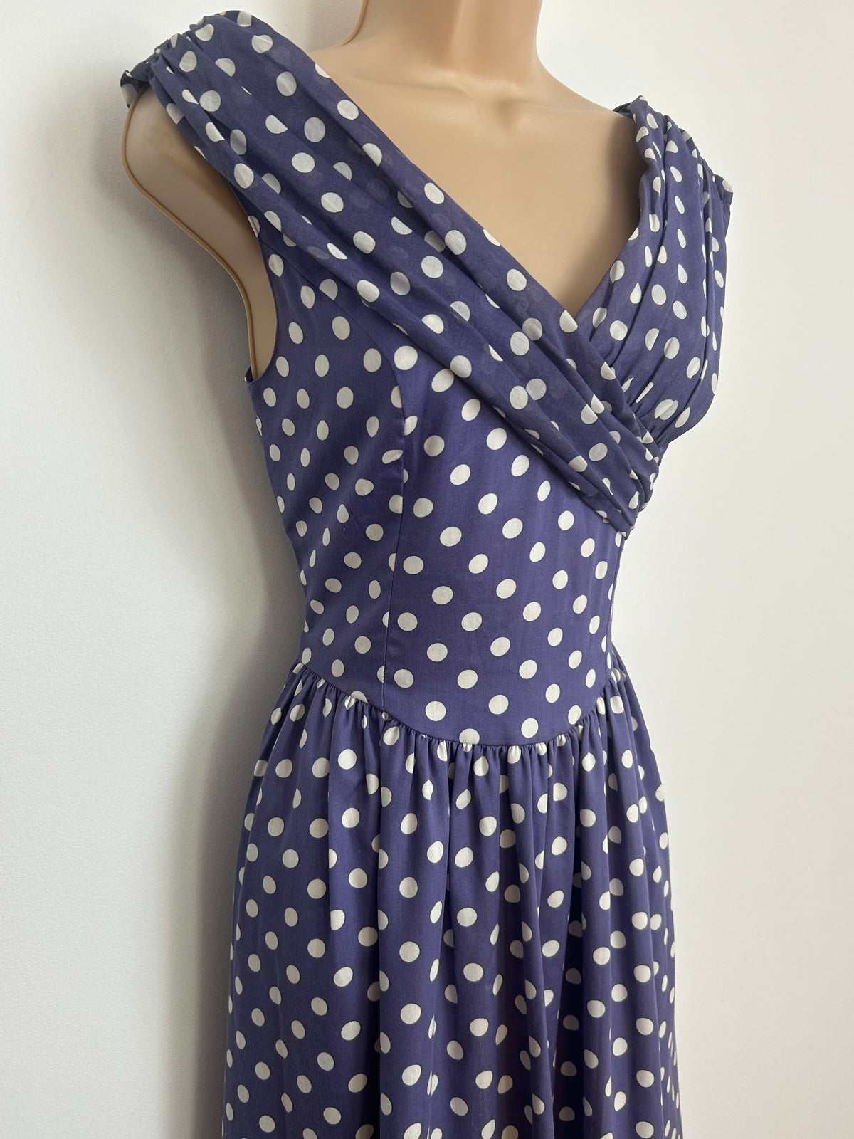Vintage 1980s LAURA ASHLEY Size 8 (Size 12 On Label) Blue & White Polka Dot Midi Summer Dress