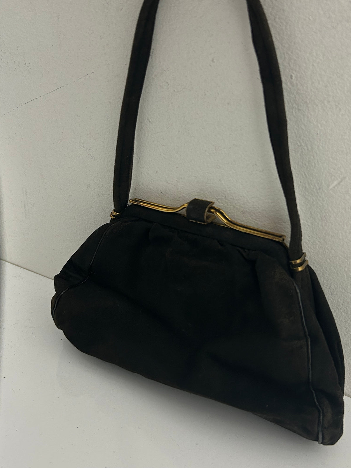 Vintage 1940s Black Suede & Gold Tone Frame Mini Handbag